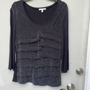 Lapis Black 3/4 Sleeve Sparkle Scoop Neck Top with Ruching Front & Back.